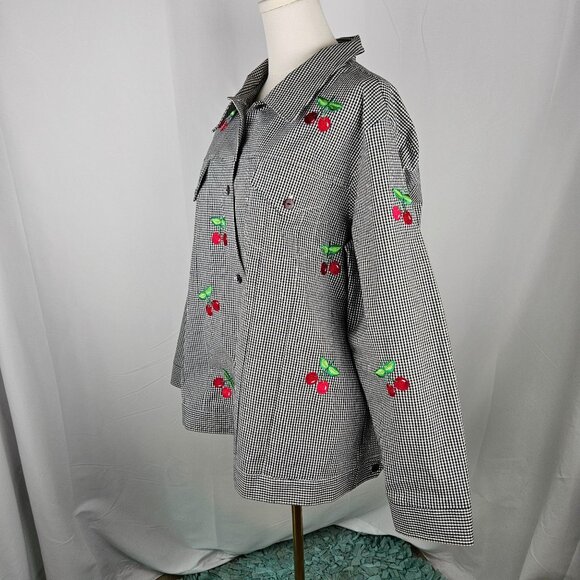 Quacker Factory Black & White Jacket Gingham Cherry Embroidered 1X Rockabilly - Picture 3 of 10